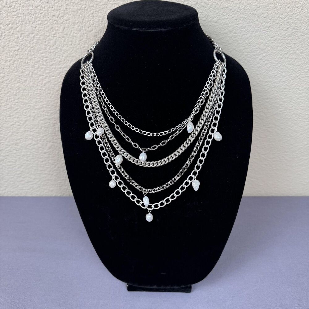 Silver Tone Pearl Teardrop Bib Chain Necklace 18 In Womens Statement Jewelry